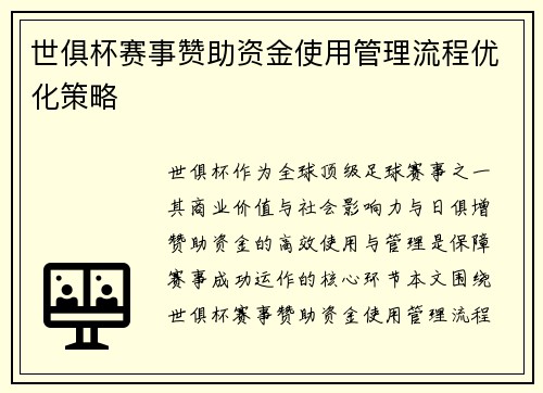 世俱杯赛事赞助资金使用管理流程优化策略